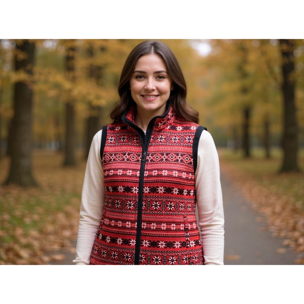 Kim Rogers Curvy Women's Red Fair Isle Fleece Vest Size 1X casual‎ festive cozy